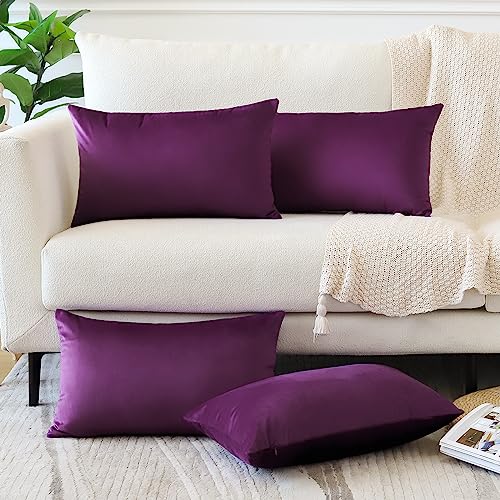 OTOSTAR Set of 4 Decorative Throw Pillow Covers Soft Velvet Solid Lumbar Pillow Cases Luxury Cushion Covers Case for Sofa Car Patio Bedroom Living Room 16x24 Inch, Eggplant Purple