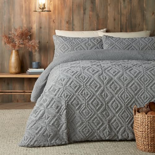 Fusion - Grey Teddy Fleece Duvet Cover - Double Bedding Size (200 x 200cm) - Reversible Design - Dark Grey Jacquard Duvet Cover - Geometric Square Tufted Bedding - Super Soft & Cosy Fleece