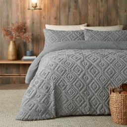 Fusion - Grey Teddy Fleece Duvet Cover - Double Bedding Size (200 x 200cm) - Reversible Design - Dark Grey Jacquard Duvet Cover - Geometric Square Tufted Bedding - Super Soft & Cosy Fleece