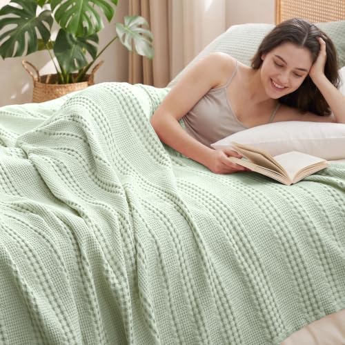 "PHF Cooling Waffle Blanket Queen Size, Lightweight 60% Rayon from Bamboo & 40% Cotton Breathable Blanket for Hot Sleepers, Summer Use, Soft Luxury for Bed Couch Sofa, 90""x90"", Mint"
