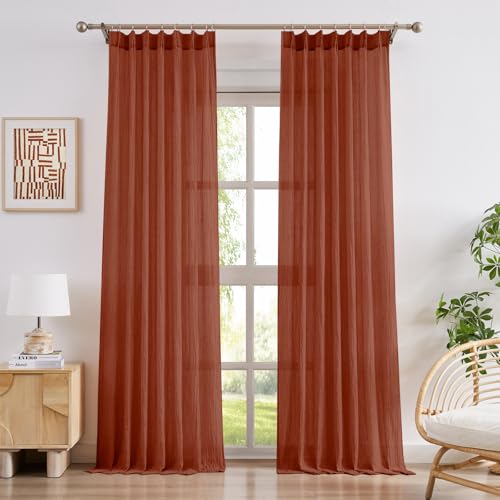 Melodieux Boho Curtains 96 Inches Long, Light Filltering Cotton Textured Semi Sheer Curtain Panels, Back Tab and Pinch Pleated Curtains for Living Room Bedroom, 2 Panels, 40x96 Inch, Terracotta