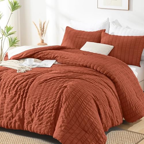 AveLom Terracotta Seersucker Comforter Bedding Set - Full Size, 80x90 Inches, 3 Pieces, Machine Washable