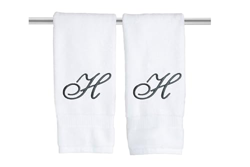 White Monogrammed Hand Towels for Bathroom - Luxury Hotel Quality Personalized Initial Embroidered Towel for Powder Room, Spa - GOTS Organic Certified - Set of 2 Dark Gray Letter H