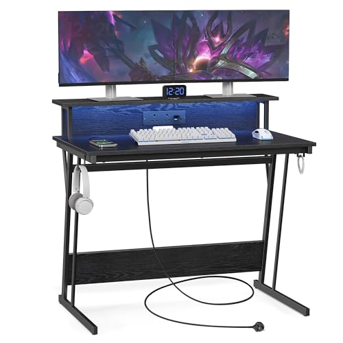 VASAGLE Gaming Desk with LED Lights and Built-In Power Outlets, Computer Desk with Monitor Shelf, Gaming Table for 2 Monitors, Office Desk, for Bedroom, 60 x 100 x 76 cm, Ebony Black LWD291B56