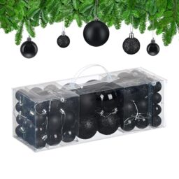 Relaxdays Christmas Baubles, Set of 76, Tree Ornaments, Holiday Decorations, Plastic, Glittery, Matte & Shiny, Black