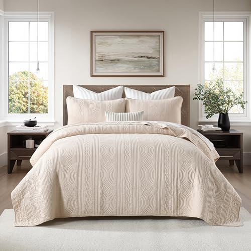 Homzard Quilt King Size Bedding Set, 100% Cotton Beige King Size Comforter Set,Wave Pattern Bedspread Set,Solid Modern Farmhouse Bedding Coverlet 3 Piece Bed Set, All Season