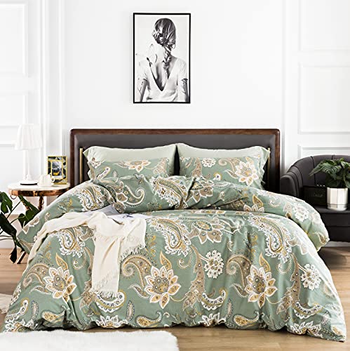 YuHeGuoJi Queen 100% Cotton Green Floral Duvet Cover 3 Pcs Set 1 Beige Bohemian Damask Duvet Cover with Zipper Ties 2 Pillowcases Southwestern Vintage Sage Boho Bedding