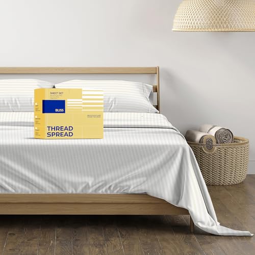 600-TC Egyptian Quality 100% Cotton Striped Sheets - Luxury King Size Cooling Damask Bed Sheets for Hot Sleepers - Sateen Weave - Deep Pocket - 4 Pc Best Hotel Sheets for King Beds - Ivory