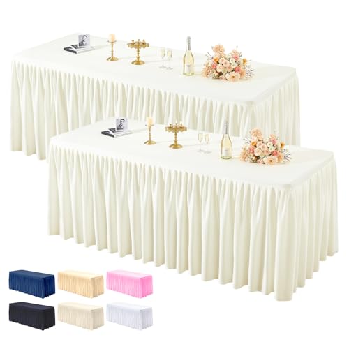PARTISKY ??? Pack Ivory Tablecloths for Rectangle Tables 6ft, Wrinkle Resistant Spandex Table Cover Fitted Stretch Table Cloth with Pleated Ruffle Skirts for Party Banquet Dining Birthday Wedding