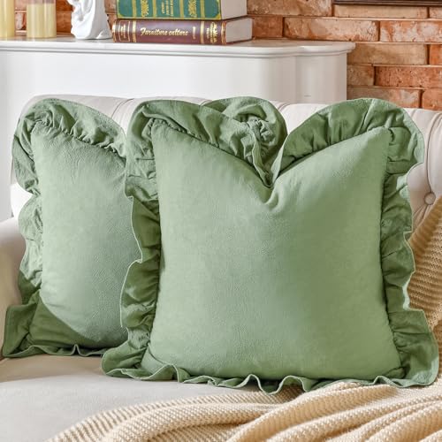AmHoo Pack of 2 Throw Pillow Covers 100% Cotton Pre Washed Ruffle Decorative Pillowcase Cushion for Couch Sofa Bedroom 18 x 18-Inch Sage Green