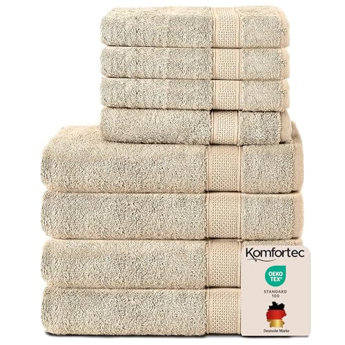 Komfortec 4X towels 50x100 cm and 4X shower towels 70x140 cm set - Terrycloth Bath Towel & Hand Towel Set Large - 100% cotton - soft - Quick drying - Sand / beige