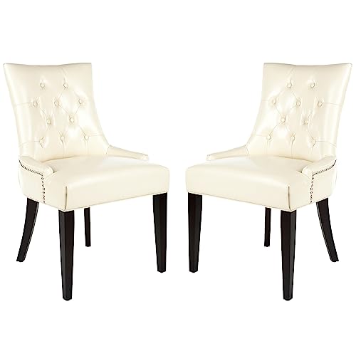 SAFAVIEH Set of 2 Wooden Dining Chairs, in Cream and Leather