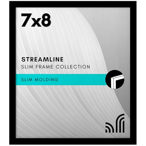 Americanflat 7x8 Picture Frame with Shatter-Resistant Glass - Streamline Collection - Thin Border Picture Frame for Tabletop and Wall Display - Hanging Hardware and Easel Stand Included - Black