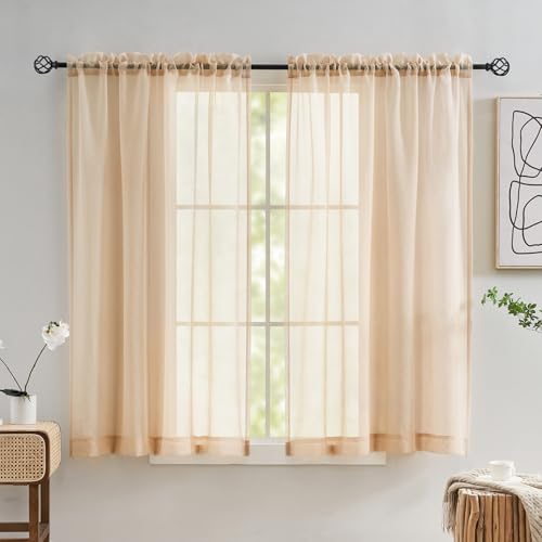 "MYSTIC-HOME Sheer Curtains Taupe 63 Inch Length, Rod Pocket Voile Drapes Treatments Semi Crinkle Curtain Panels Set of 2, Taupe, 52"" Wx63 L"