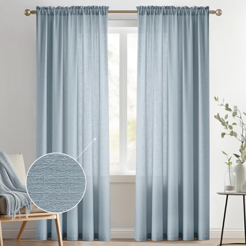 "Melodieux Dusty Blue Semi Sheer Curtains 84 Inches Long for Living Room, Bedroom Linen Look Farmhouse Rod Pocket Shiny Sheer Curtain Drapes Light Filtering Home Office, 52"" W x 84"" L, 2 Panels"