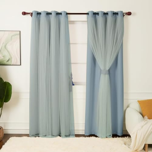 INLINAS 52 x 84 Inch Blackout Curtains with Sheer Overlay - Grommets Thermal and Noise Reduction Panels for Bedroom and Living Room Light Blocking and Energy Saving, Sky Blue, Set of 2