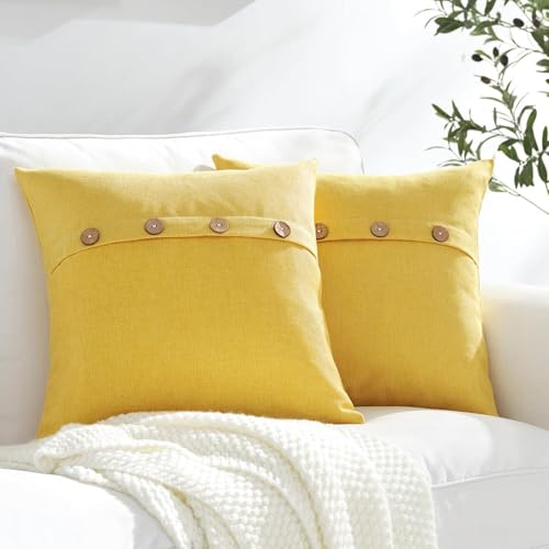 Meekio Set of 2 Yellow Square Pillow Covers 16 x 16 Summer Cushion Covers with Coconut Buttons for Sofa Couch Living Room Bedroom Summer Decor