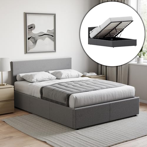 Vida Designs Veronica Double Ottoman Bed, Beige Linen & Gel Memory Foam Bonnell Spring Mattress, Double