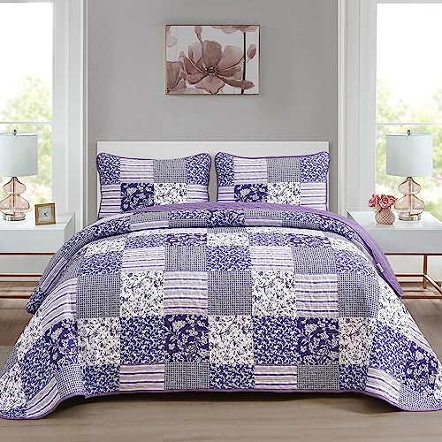 "Mybedsoul Purple Quilt Set Queen Size,3 Pieces Boho Floral Plaid Bedspread Coverlet Set for All Season,Patchwork Reversible Bedding Set Queen 90""x96"""