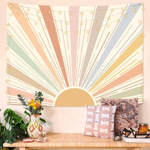 Kanuyee Boho Sun Tapestry Wall Hanging, Retro 70s Abstract Striped Aesthetic Sunrise Vintage Tapestries for Bedroom Living Room 68??90 inch