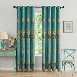 "ELKCA Turquoise Chenille Curtain Sets with Embroidered Pattern for Living Room European-Style Curtains for Bedroom,Grommet Top (52"" W x 96"" L,Pack of 2)"