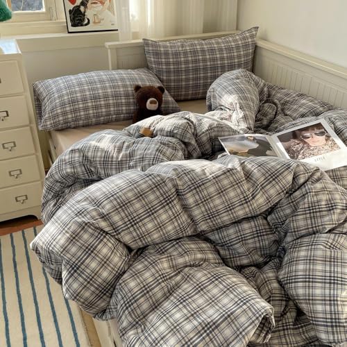MKXI Queen Modern Plaid Duvet Cover Set 3 Piece - Deep Navy Washed Cotton Bedding, Modern Farmhouse Check Design, Breathable & Vintage Linen Like Bedding Set with Zipper Closure