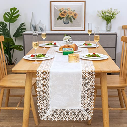 BrekSdat White lace Premium Rectangle Farmhouse Table Runner Waterproof OilProof SpillProof AntiShrink Soft Wrinkle Resistant Decorative Fabric Table Cover Kitchen Dinning Party Wedding Banquet
