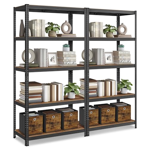 SONGMICS Set of 2 Shelving Units, 50 x 100 x 200 cm, 875 kg Load Capacity (175 kg per Shelf), Industrial, Adjustable Storage Shelves, for Living Room, Kitchen, Garage, Rustic Brown and Black GLR050B12