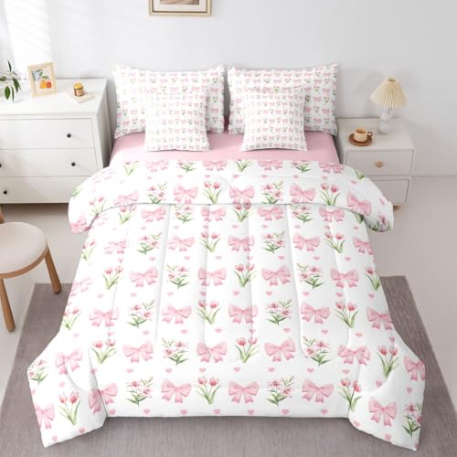 Erosebridal Princess Bowknot Full Comforter Set 7 Pieces,Pink Bows Floral Bed in A Bag,Bowtie Tulips Bedding Set with Comforters, Sheets, Pillowcases Cute Bedroom Decor