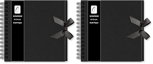 Scrapbook Photo Album 100 Pages (20 x 20 cm), Black Spiral-Bound Kraft Paper, Hard Cover with Ribbon Closure - Ideal for Scrapbooking, Photo Albums, Craft Projects, Memory Books, and Creative Journal