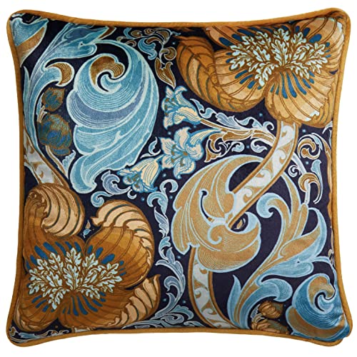 Laurence Llewelyn-Bowen Velvet Cushion – Ochre & Navy Damask Floral Design, 43x43cm – Reversible with Piped Edge – Filled Decorative Cushion – Down the Dilly Collection