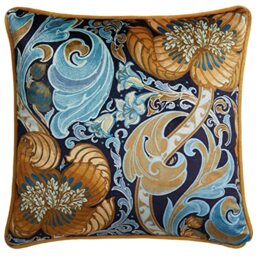 Laurence Llewelyn-Bowen Velvet Cushion – Ochre & Navy Damask Floral Design, 43x43cm – Reversible with Piped Edge – Filled Decorative Cushion – Down the Dilly Collection