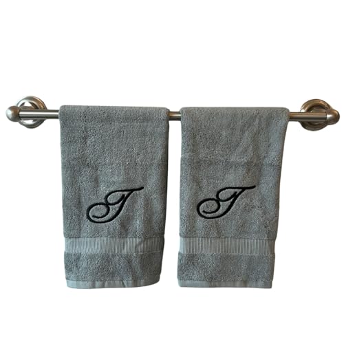 Decorvo Gray Monogrammed Hand Towels for Bathroom - Luxury Hotel Quality Personalized Initial Embroidered Towel for Powder Room, Spa - GOTS Organic Certified - Set of 2 Black Letter T