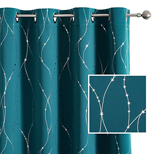 SMILE WEAVER Peacock Blue Blackout Curtains 63 Inch Long for Living Room 2 Panels,Room Darkening Curtain-Grommet Print Design Noise Reducing Thermal Insulated Bedroom Window Drapes