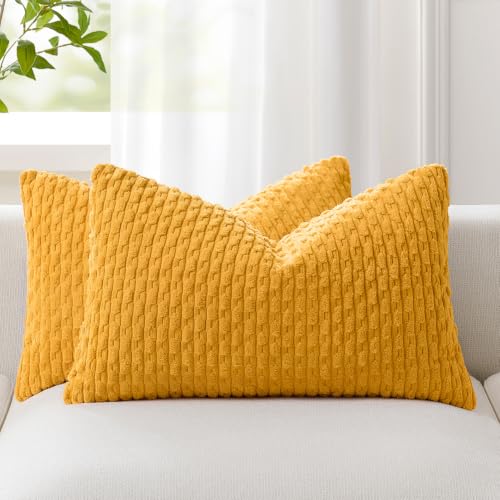 Kevin Textile Pack of 2 Velvet Pillow Covers Striped Throw Cushion Case Set Accent Corduroy Lumbar Pillowcases with Hidden Zipper for Home Decor Indoor Outdoor (12x20 Inch Yellow)