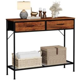 Feonase Console Table with 2 Fabric Drawers, 100cm Narrow Hallway Table with Open Mesh Storage Shelf, Entryway Furniture with Metal Frame, Wood Effect MDF Top and Adjustable Feet, Rustic Brown