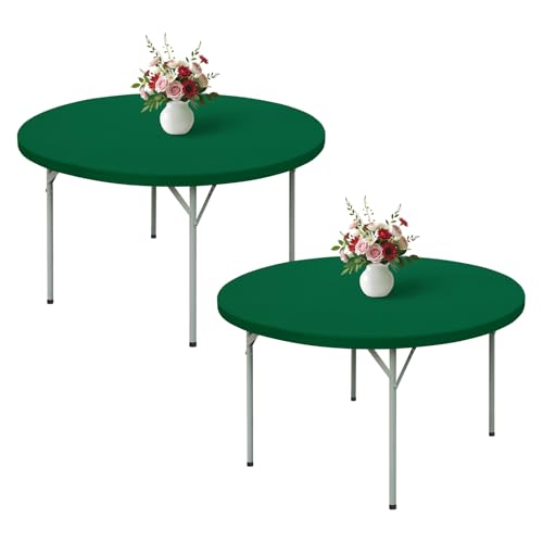Wolkemer 2 Pack 5ft Fitted Round Tablecloth 60 Inch Elastic Table Cloth - Green Spandex Stretch Table Cover, Machine Washable Table Cloth, Topper Cap for Wedding Party Picnic Dining Indoor Outdoor