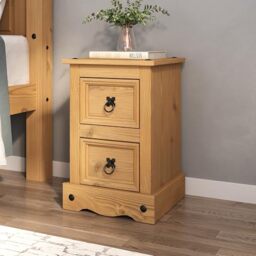 Corona Bedside Table 2 Drawer Mexican Solid Waxed Pine with Black Metal Hardware (W) 36cm (D) 32cm (H) 53cm