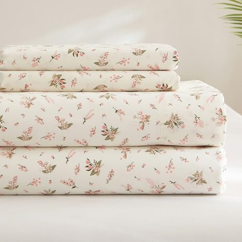 "HighBuy Pink Floral Bed Sheets Set Twin XL Sheets White - Extra Soft Floral Twin XL Deep Pocket 16"" - Luxury Soft Sheet & Pillowcase Set - Wrinkle & Shrink Cooling Sheet Set for College Bed"