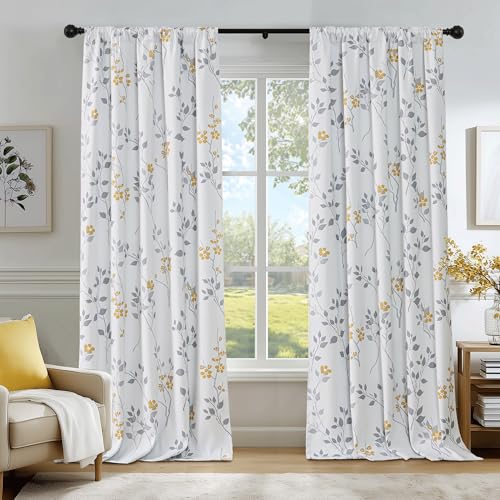 Beauoop Floral 100% Blackout Curtains Bedroom Yellow Grey 52X84 2 Panels - Flower Patterned Yellow White Room Darkening Drapes for Living Room Thermal Soundproof Window treatment Rod Pocket