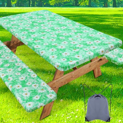 "misaya Picnic Table Cover with Bench Cover, Waterproof Elastic Fitted Tablecloth for 6 Foot Tables, Rectangle Washable Polyester Tablecloths for Picnic, Camping, Outdoor (Green Daisy, 30"" x 72"")"