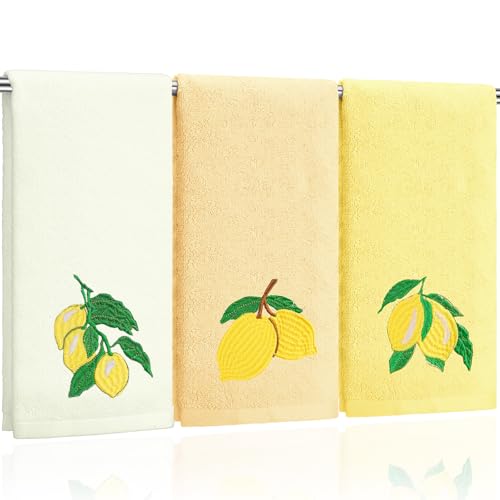 Tingjoo 3 Pcs Lemon Hand Towels 14x29 Inch Spring Summer Farmhouse Yellow Lemon Cotton Embroidered Soft Absorbent Bathroom Decor Towels for Bathroom Kitchen