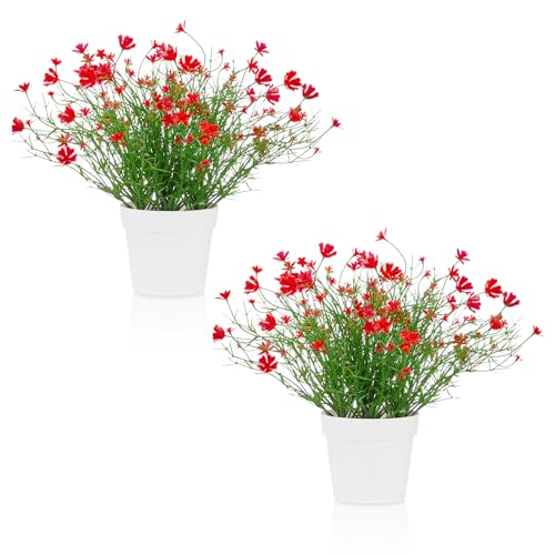 Blafrozzing Artificial Babys Breath Potted Fake Plants with Flowers Faux Plants Indoor for Home Office Bookshelf Table Room Decor, Red (Pack of 2)