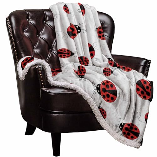 "Ladybug Sherpa Fleece Luxury Blanket - Warm & Cozy Super Soft Reversible Throw, 40""x50"", Red Ladybug on White Background"