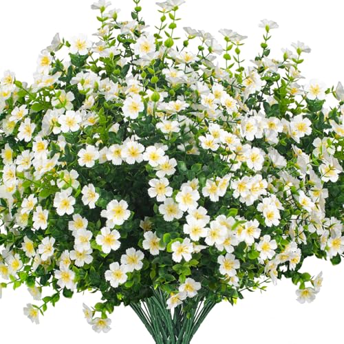 Grunyia 12 Bundles Artificial Fall Flowers for Outdoors, Artificial Plants UV Resistant Fall Fake Mums Plants for Outside Halloween Christmas Porch Decoration ecorations (White)