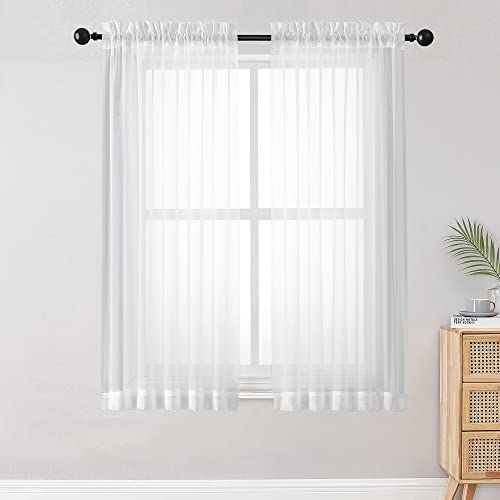 "OWENIE Sheer White Curtains, Sheer Curtains 63 inch Length 2 Panels Set, Rod Pocket Voile Fimly Sheer Drapes for Living Room/Bedroom, 2pcs, Each 59"" W x 63"" L"