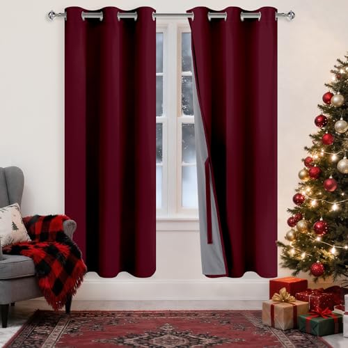 XWZO 100% Blackout Curtain Panels - Thermal Insulated Black Liner Curtains, Noise Reducing and Heat Blocking Drapes for Hall and Studio Windows with Tiebacks, Burgundy, W38 x L63, Set of 2