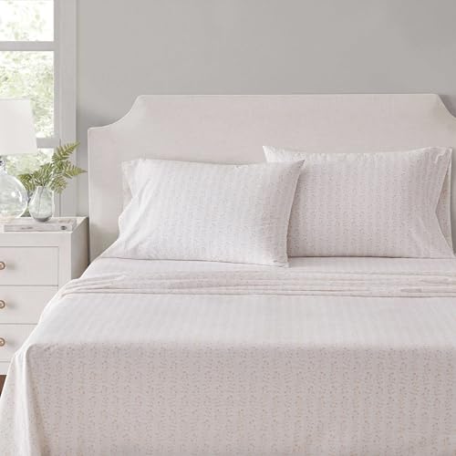 Martha Stewart - Full Size Sheets Set, Crisp & Tailored Cooling Sheets w/a Naturally Smooth Cotton Percale Lightweight Feel - Bed Sheets with Matching Pillowcases & Fitted Sheet (Ditsy Vine Pink)