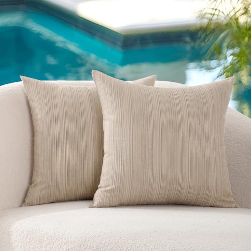 VAKADO Outdoor Waterproof Throw Pillow Covers 24x24 Set of 2 Decorative Outside Patio Furniture Cushion Cases Decor for Garden Bench Porch Couch Tent Stripe Beige