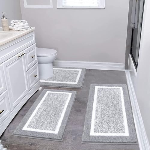Pauwer Bathroom Rugs Sets 3 Piece Bathroom Shower Rugs with U-Shaped Contour Toilet Mat Absorbent Microfiber Plush Bath Mats Non Slip Bath Rugs Machine Washable Shaggy Bathroom Floor Mats